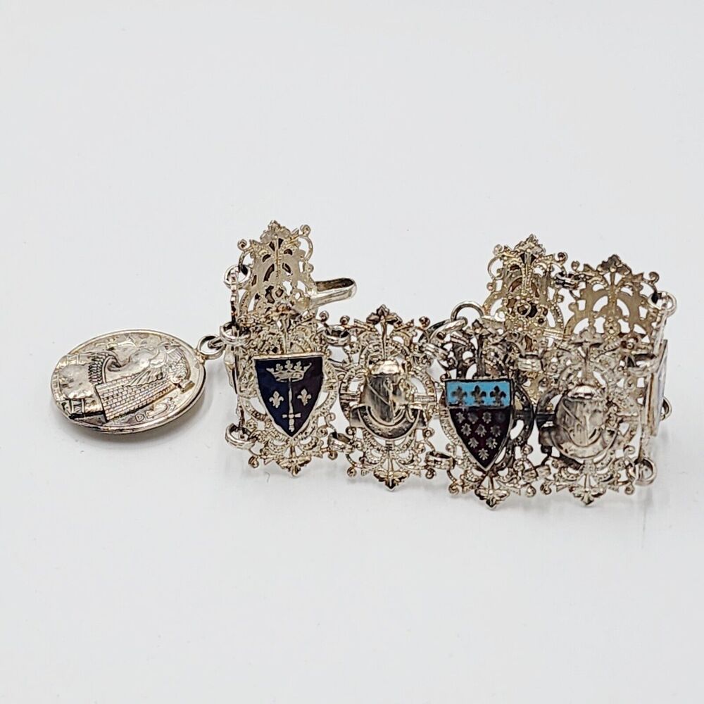Vintage 1940s Egyptian Revival Enamel Crests Pharaoh Panel Link Bracelet Hook